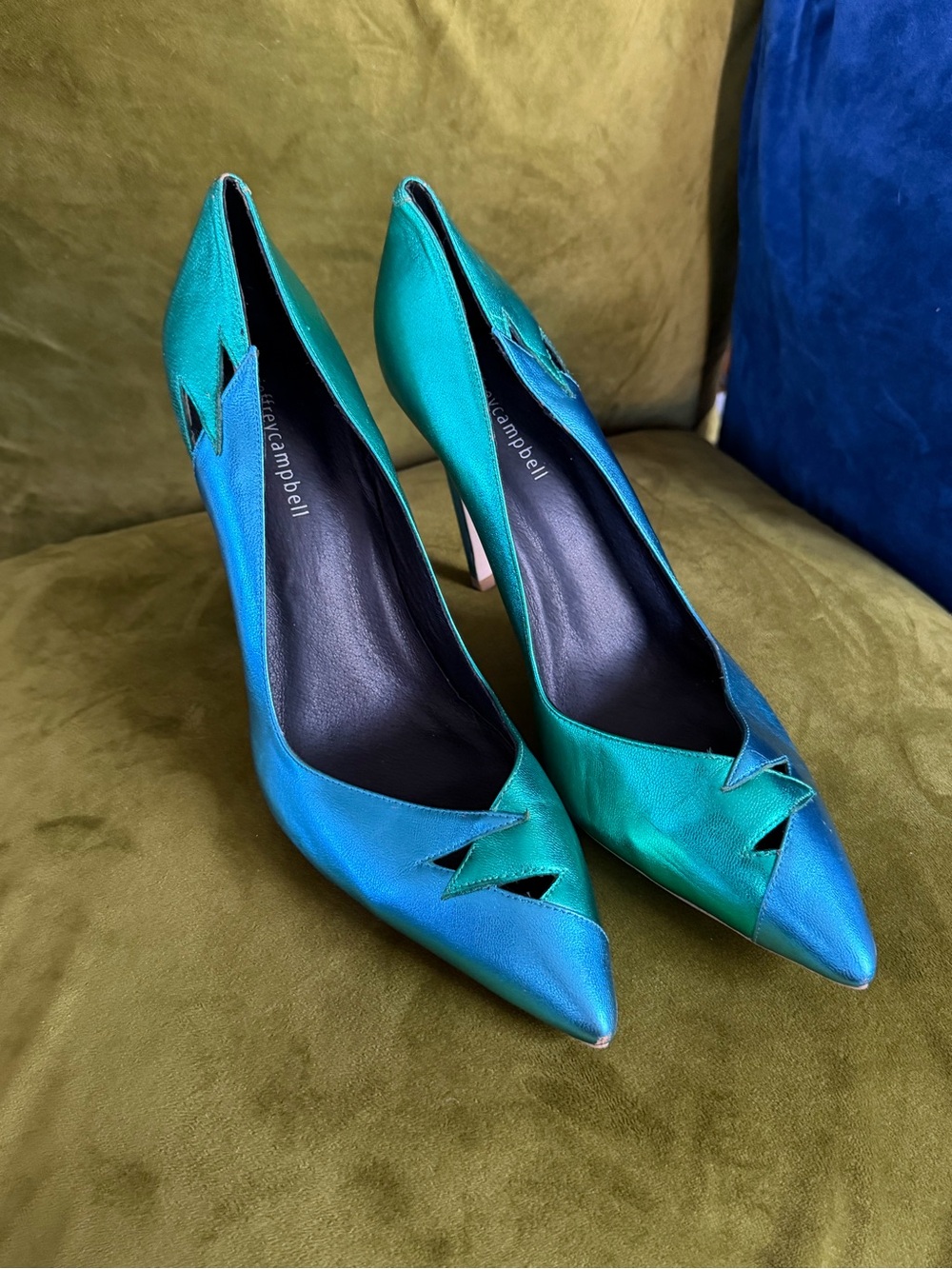 Jeffrey Campbell Electric Teal & Turquoise Peak-a-Boo Pointed Toe Pumps - Picture 15 of 16